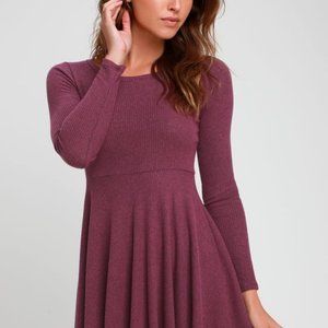 Mauve Purple Ribbed Knit Long Sleeve Skater Dress